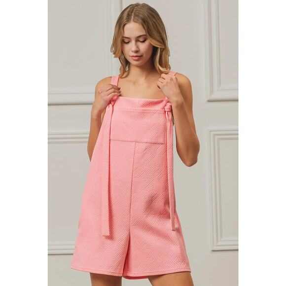 BiBi Texured Jacquard Side Pockets Sleeveless Relaxed Fit Romper | Blush Pink - Picture 2 of 11